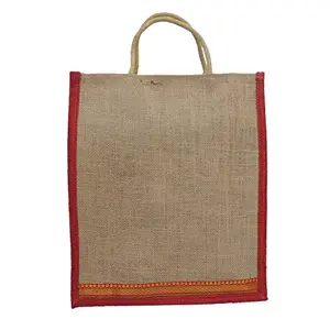 ALOKIK Laminated Lunch Jute Bags With Brocade Lace For Unisex With Zipper (Beige & Red)