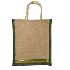 ALOKIK Laminated Lunch Jute Bags with Brocade Lace with Zipper (Beige & Green)
