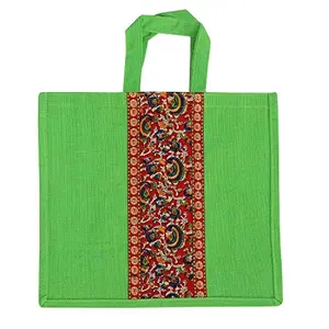 Satyamani Alokik Laminated Jute Bags With Fabric For Unisex Without Zipper (Big Green)