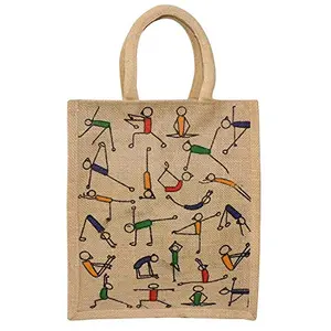 ALOKIK Laminated Jute Bags with Yoga Prints for Unisex with Zipper (Beige Small)