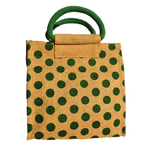 SATYAMANI ALOKIK Wen's Polka Print Jute Bags For with Zipper (Beige and Green)