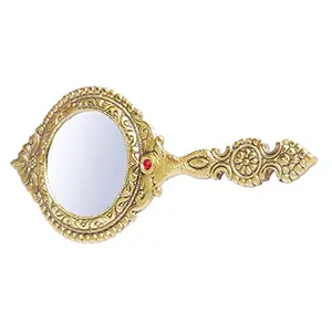 KridayKraft Beautifully Carved Round Shape Gold Plating Metal Hand Mirror for Makeup Travelling Salon Mirror & Decorative Mirror Antique Item for Wedding Gifts.