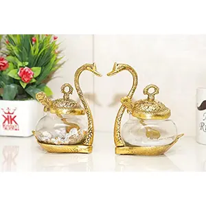Kridaykraft Metal Classic Kissing Duck Glass Bowl with Spoon for Saunf Supari Tray Dry Fruit and Candy Animal Showpiece Serving Bowl Set (Transparent) - Set of 2 Pieces