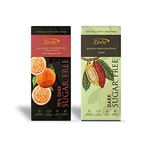 Zevic 70% Belgian Cocoa Dark Chocolate with Orange Zest & Stevia and Classic Stevia Chocolate 40 g (Pack of 2)