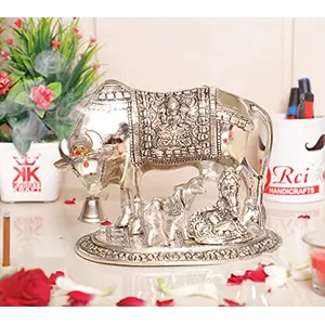 KridayKraft Metal Kamdhenu Cow & Calf with Bal Gopal Krishna Statue for Good Luck (Silver 19 x 13.5 x 17 cm)