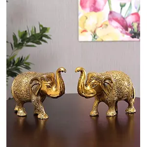 KridayKraft Metal Elephant Statue Small Size Gold Polish 2 pcs Set for Your HomeOffice Table Decorative & Gift ArticleAnimal Showpiece Figurines.