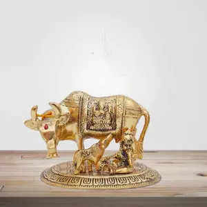 Kridaykraft Metal Handicraft CowCalf & Krishna Gold Plated Showpiece for HomeOfficeTable&Pooja Room.