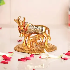KridayKraft Gold Color Kamdhenu Cow with Calf Standing Metal StatueGau MATA Murti Lucky for HomeOfficeAnimal Showpiece & Decorative Gift Idol...