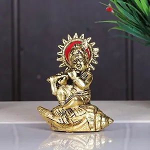 KridayKraft Lord Krishna On Shankh Metal Statue Bal Laddu Gopal Murti Playing Flute Decorative Showpiece for Pooja Room Home Office Decor Religious Idol Figurine for Study Table & Gifting Purpose