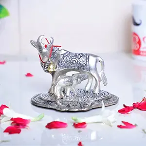 KridayKraft Silver Color Kamdhenu Cow with Calf Standing Metal StatueGau MATA Murti Lucky for HomeOfficeAnimal Showpiece & Decorative Gift Idol...