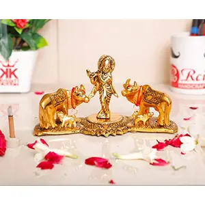 KridayKraft Metal Krishna Playing Flute with Kamdhenu Cow Statue for Pooja & Home Office Decor Religious Idol Table Top Decorative Showpiece Figurines for Decoration & Gifting Purpose