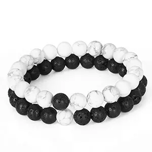 Crystal Cave Exports Natural Black and White Lava and Howlite Stone 8 MM Yoga Couple Bracelet 2-Pieces for Men and Women Healing Crystal Bracelet