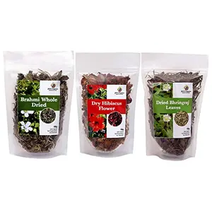 Jioo Organics Dry Brahmi Leaves | Dried Bhringraj Leaves | Dry Hibiscus Flower | Hair Care Combo | Pack of 3 (150g)