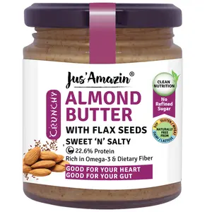 Jus Amazin Crunchy Almond Butter – With Flaxseeds (200g) | 22.6% Protein | Clean Nutrition | 90% Almonds | Rich in Omega-3 | No Refined Sugar | Zero Chemicals | Vegan & Dairy Free | 100% Natural