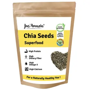 Jus Amazin Organic Chia Seeds (500g) | Single Ingredients - 100% Organic Chia seeds | Clean Nutrition | Superfood | High Protein | Rich in Fiber, Omega 3 & Calcium