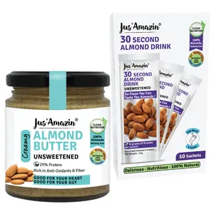 Jus' Amazin Creamy Almond Butter (200g) & 30-Second Almond Milk (10 x 25 gm Sachets) - Unsweetened - Vegan Dairy Free - Combo Pack