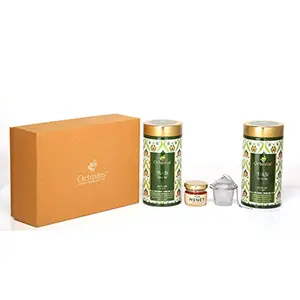Octavius Tea Essentials Range | Truly Tulsi | 2 Wellness Tulsi Green Tea Blends | High in Antioxidants | Packed In Decorative Tin Box along with a infuser and Mini Honey jar