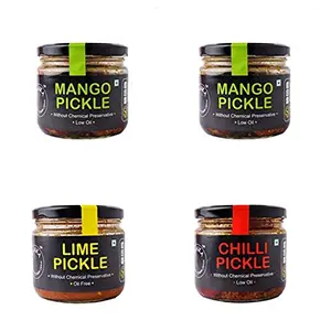 ZAAIKA Mango Lemon and Chilli Pickle Low Oil Indian Traditional Home Made achaar with Glass Jar | No Preservative 1.1kg (Pack of 4)