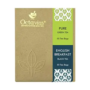 Octavius 2 Assorted Black and Green Tea Flavors | Enveloped Tea Bags for Freshness | English Breakfast & Pure Green | Economy Pack - 100 Teabags