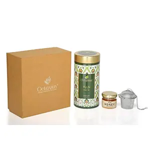 Octavius Tea Essentials Range | Holy Basil | 1 Wellness Tulsi Green Tea | High in Antioxidants | Packed In Decorative Tin Box along with a infuser and Mini Honey jar