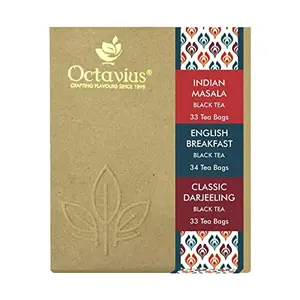 Octavius 3 Assorted Black Tea Flavors | Enveloped Tea Bags for Freshness | English Breakfast Classic Darjeeling Indian Masala | Perfect for Gifting Economy - 100 Teabags