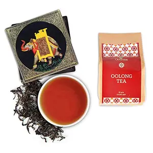 Octavius Darjeeling Oolong Whole leaf tea in Darkwood Handcrafted Wooden gift box with Traditional Indian Elephant Pattern On The Lid | - 50 Gms ( 25 Servings )