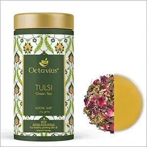 Octavius Tulsi Sweet Rose Green Tea Loose Leaf- 75Gms (35 Cups) For Immunity Boost and Healthy glowing Skin | All Natural Blend | No artificial flavors | Refreshing Floral & Delicate Taste