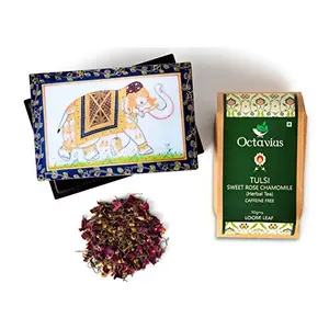 Octavius Tulsi Rose Chamomile Tisane Whole leaf tea in Darkwood Handcrafted Wooden gift box with Traditional Indian Elephant Pattern On The Lid | Caffeine Free | - 50 Gms ( 50 Servings )