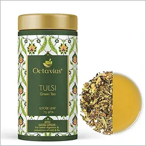 Octavius Tulsi Ginger Green Tea Loose Leaf- 75 Gms (35 Cups) Immunity Boost and Digestive tea | Superior Loose Leaf Flavour Experience | All Natural Blend | Refreshing & Delicate Taste