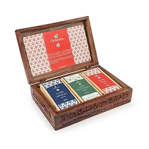 Octavius Indian Tea Collection Classic Assam and Darjeeling Assorted 2 Black 1 Green Loose Leaf Tea 200 g Each in Dark Handcrafted Wooden Box