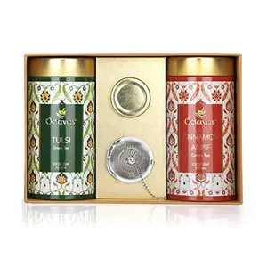 Octavius Tea Essentials Range | Immuni-Teas | 2 Assorted Wellness Green Tea Blends | Tulsi & Cinnamon Anise| Packed in Decorative Tin Boxes Along with a Infuser and Mini Honey jar