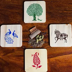 IVEI Sanjhi Print Wooden Coasters - Wood Table Coaster - Dinner Decor Centerpiece Wooden Coaster for He Kitchen Office Desk - Decorative Holder for Tea Coffee Cups - Tabletop Coasters - Set of 4