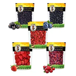 Tulunadu Flavours Dried Combo Pack 500 Gram - Black Currant Cranberry Strawberry Gojiberry - Each 100gram - Healthy Routine Snacks - Zero Trans Fat Hygienically Packed