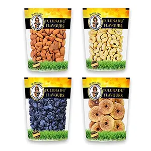 Tulunadu Flavours Dry Fruits Combo Pack 1 KG - Almonds 250g Cashew 250g Black Raisins 250g Anjeer 250g- Healthy Snacks for Routine Diet - Zero Trans Fat Hygienically Packed