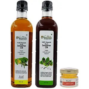 Farm Naturelle-2 Oils-Organic Pressed Virgin (Kachi Ghani) Black Seed Oil (Gingelly/ Til Oil) and White/Brown Seed Oil (915ml x 2) with Free 40 GMS Raw Forest Honey