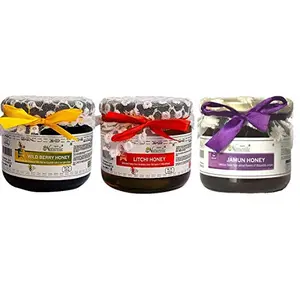 Farm Naturelle-3x450 GMS Glass Bottle. The Finest 100% Pure Raw Natural Un-Processed Jamun Forest Honey Wild Berry-Sidr Forest Honey & Litchi Honey