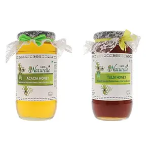 Farm Naturelle-Virgin 100% Pure Raw Natural Unprocessed Tulsi & Acacia Flower Forest Honey-(1.45 KG x 2) Glass Bottle