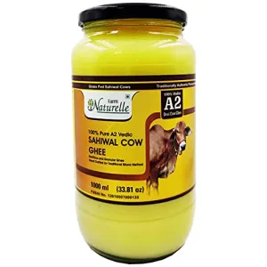 Farm Naturelle-A2 Desi Cow Ghee| Grass Fed Sahiwal Cows |Vedic Bilona method -Curd Churned - Golden, Grainy & Aromatic, Keto Friendly, NON-GMO, Lab tested | 1 Kg With a Wooden Spoon In Glass Jar