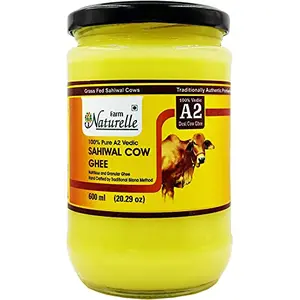 Farm Naturelle- A2 Cow Ghee frGrass Fed Desi Sahiwal Cow's Ghee by Vedic Bilona Method-Golden Grainy & Aromatic Glass Jar -600 ml