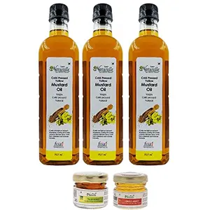 Farm Naturelle -Virgin Pressed (Kachi Kacchi Ghani) Mustard Oil Pack 3 x 915 ML with Free Raw Forest Honey Varieties (2x40 GMS Pack)