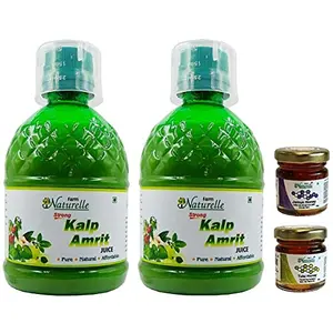 Farm Naturelle (Farm Natural Produce) The Finest 800 ML Kalp Amrit Ras Juice-Organic Herbal 400Ml 1+1 Free( Pack of 2) and Jamun and Tulsi Honey 55g x2 .
