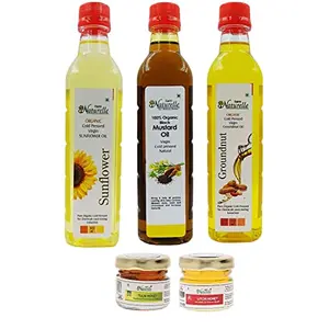 Farm Naturelle- 3 Oils Organic Pressed Virgin (Kachi Ghani) Mustard Oil Groundnut Oil (Peanut Oil) Sunflower Oil (Sun Flower Oil)(415ml x 3) with Free 2x40 GMS Raw Forest Honey Varieties