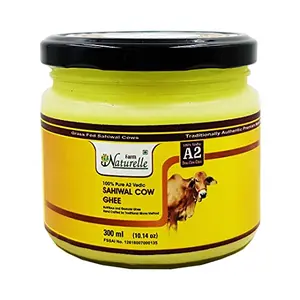 Farm Naturelle-A2 Desi Cow Ghee| Grass Fed Sahiwal Cows |Vedic Bilona method -Curd Churned - Golden, Grainy & Aromatic, Keto Friendly, NON-GMO, Lab tested - 300ml With a Wooden Spoon In Glass Jar
