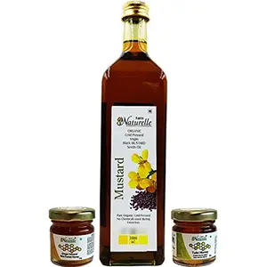 Farm Naturelle (Glass Bottle) Virgin Pressed Black Mustard Seed Cooking Oil (1000 ML) with Free 55Gms x 2 Tulsi Honey and Ginger Honey