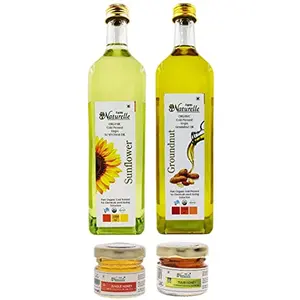 (Glass Bottles) Organic Virgin Pressed Sunflower Cooking Oil and Groundnut / Peanut Oil-(1000MLX2) Along with Free 40 GMS x 2bottles-Infused Forest Honey and Ginger Honey