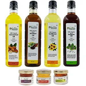 Farm Naturelle 4 Oils Organic Pressed Virgin Mustard Oil Groundnut Oil Sunflower Oil& Black Seed Oil Pack-(4 x915ml )-with Free 3x40 GMS Raw Forest Honey Varieties