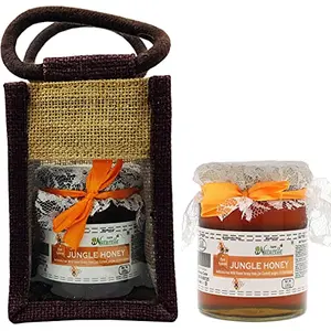Farm Naturelle -Jute Gift Bag with Pure Raw Natural Unheated Unprocessed Forest /Jungle Flower Honey-250 GMS-Health Gift Item Pack