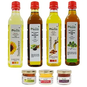 Farm Naturelle- 4 Oils Organic Pressed Virgin Mustard Oil Groundnut Oil  Sunflower Oil  Black Seed Oil (415ml x 4) with Free 3x40 GMS Raw Forest Honey Varieties