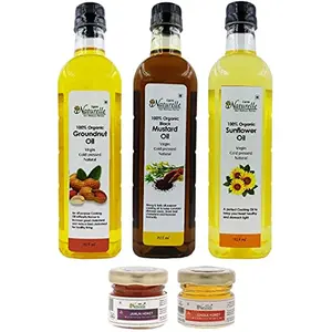 Farm Naturelle Monthly Healthy Pack-3 Varieties Organic Pressed Virgin Kachi Ghani Mustard Oil Groundnut Peanut Sunflower (915ML X 3) 2x40 Gms Raw Forest Flower Honey of 2