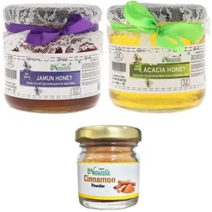 Farm Naturelle-100% Raw Pure Un-processed Low Glycemic Index Jamun Forest Honey (450 Gms) and Acacia Forest Honey (250 Gms) Combo for and for people (Honey)+Powder for 100 benefits